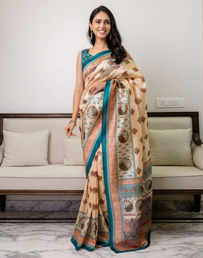 Ready To Wear Beige Silk Printed Saree