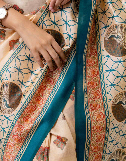 Ready To Wear Beige Silk Printed Saree