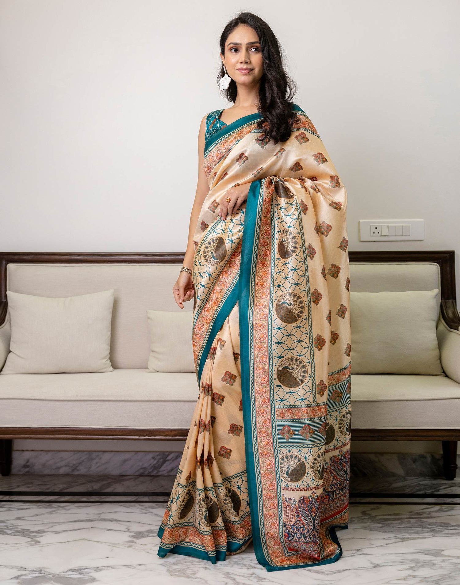 Ready To Wear Beige Silk Printed Saree