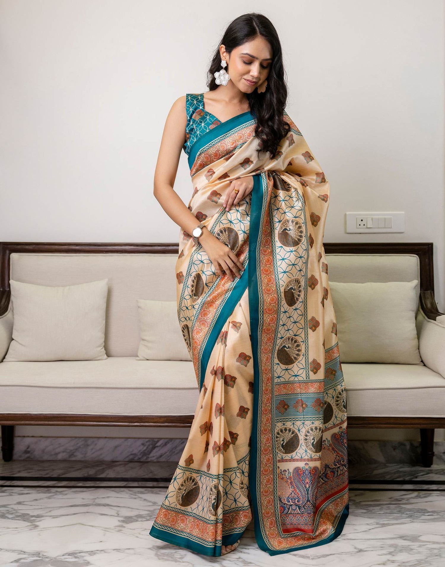 Ready To Wear Beige Silk Printed Saree