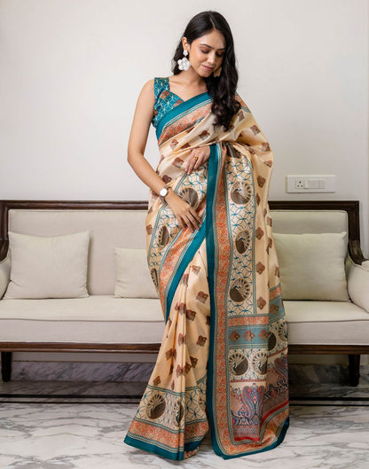 Ready To Wear Beige Silk Printed Saree