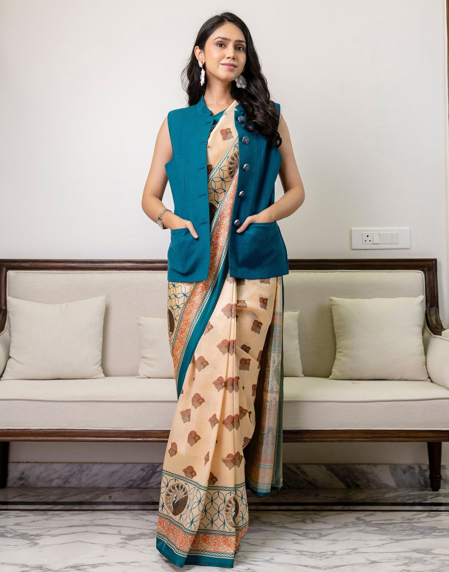 Ready To Wear Beige Silk Printed Saree
