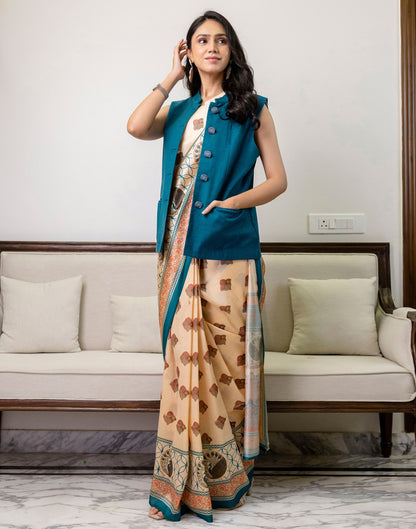 Ready To Wear Beige Silk Printed Saree
