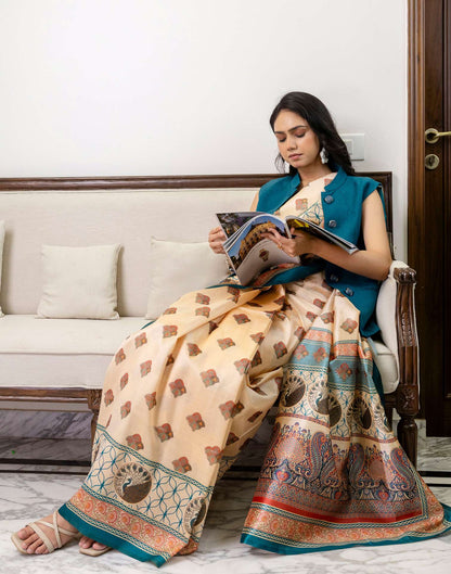 Ready To Wear Beige Silk Printed Saree