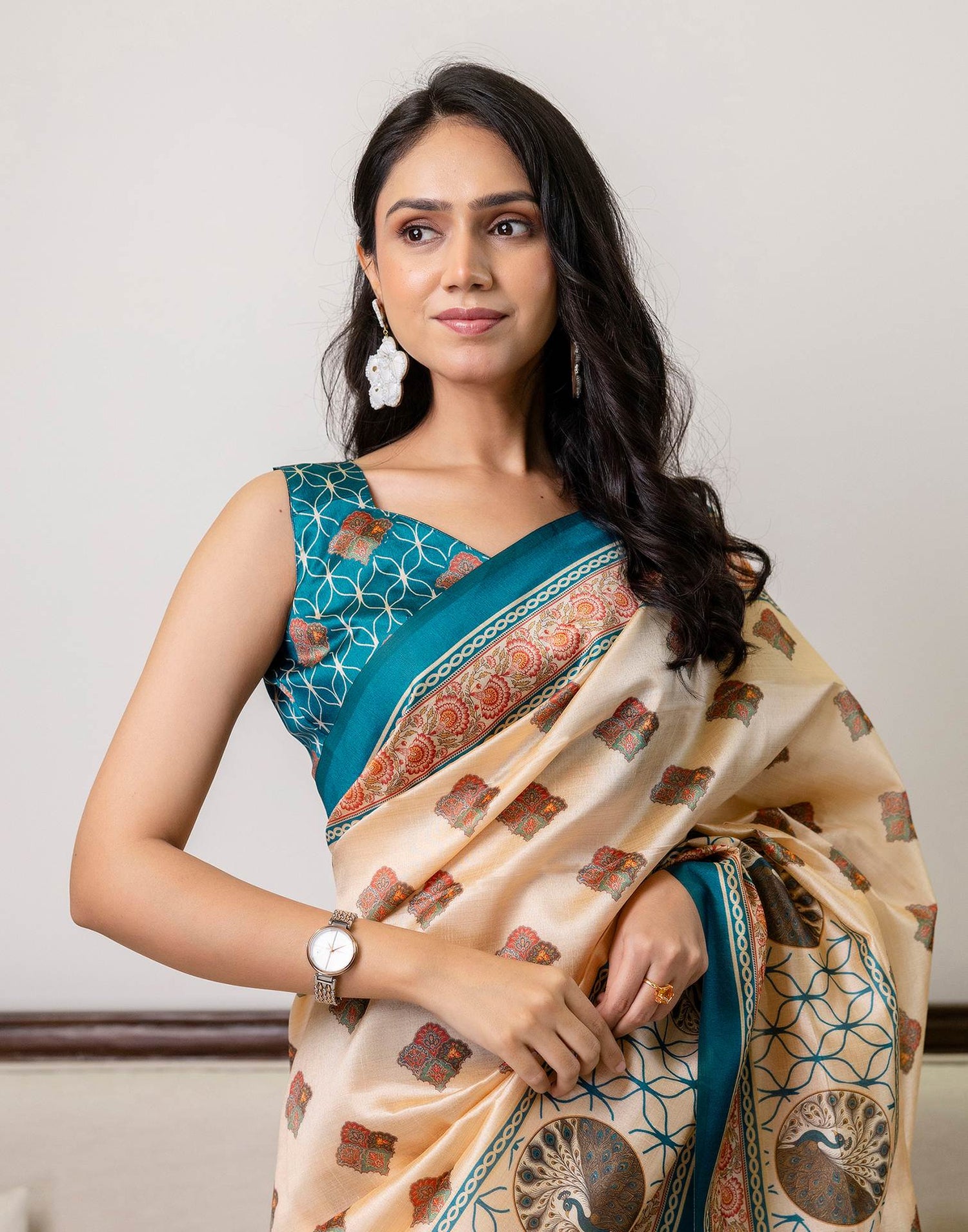 Ready To Wear Beige Silk Printed Saree