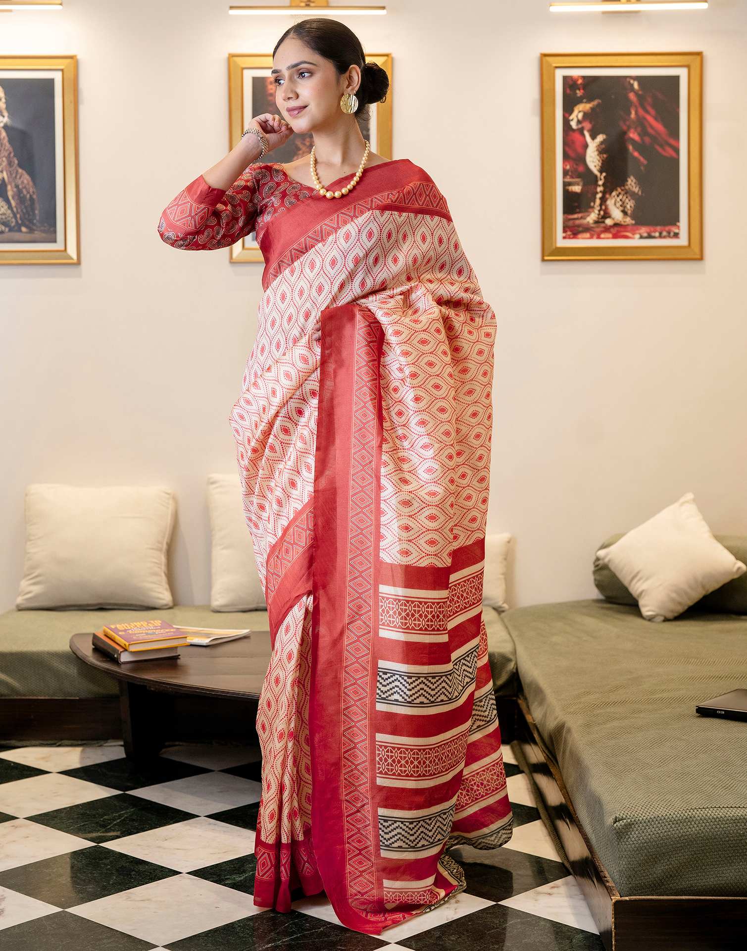 Ready To Wear Off White Silk Printed Saree