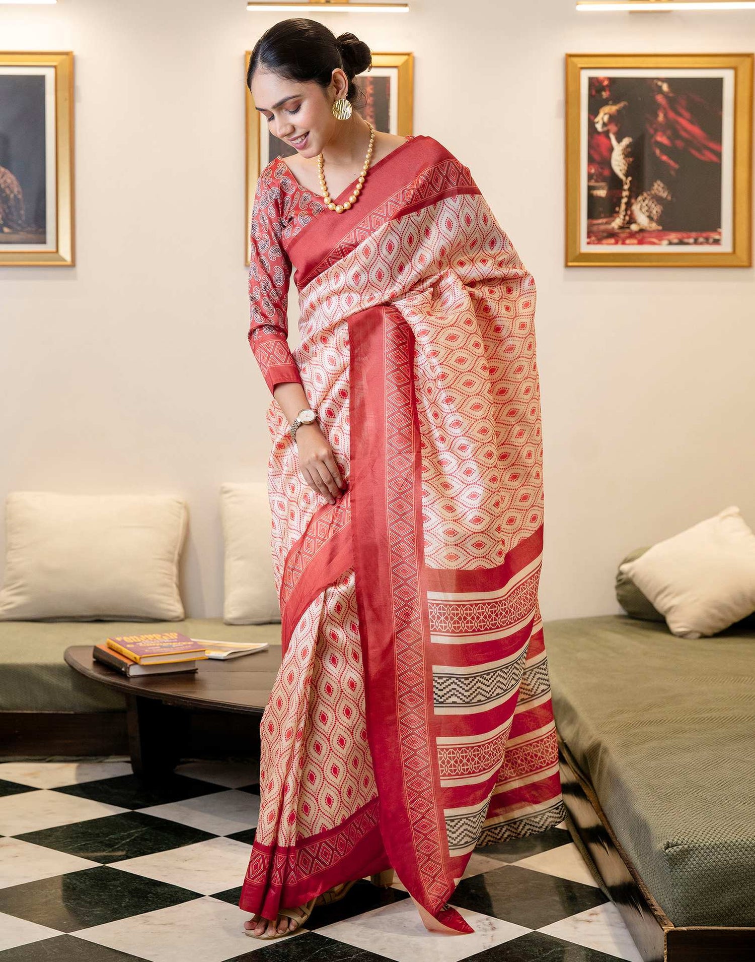 Ready To Wear Off White Silk Printed Saree