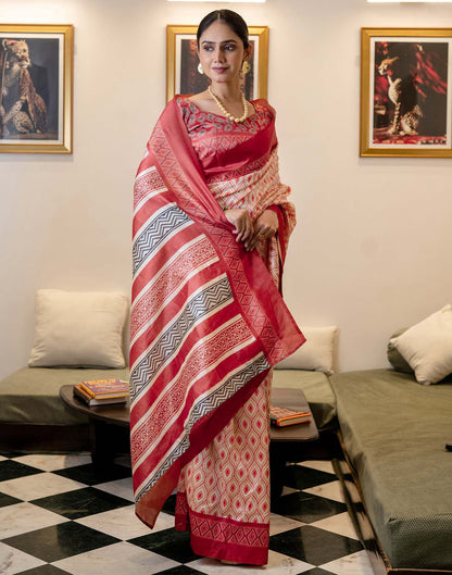 Ready To Wear Off White Silk Printed Saree