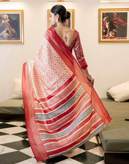 Ready To Wear Off White Silk Printed Saree