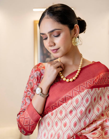 Ready To Wear Off White Silk Printed Saree