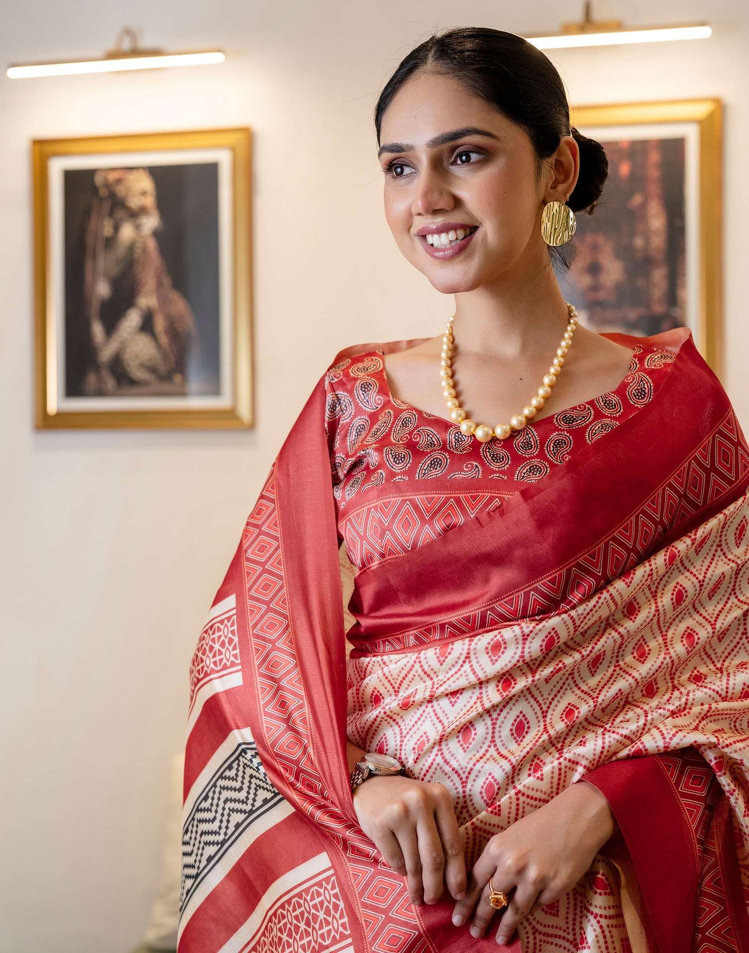 Ready To Wear Off White Silk Printed Saree