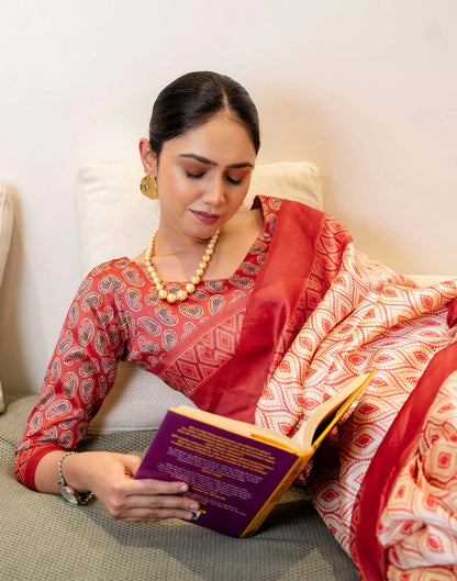 Ready To Wear Off White Silk Printed Saree