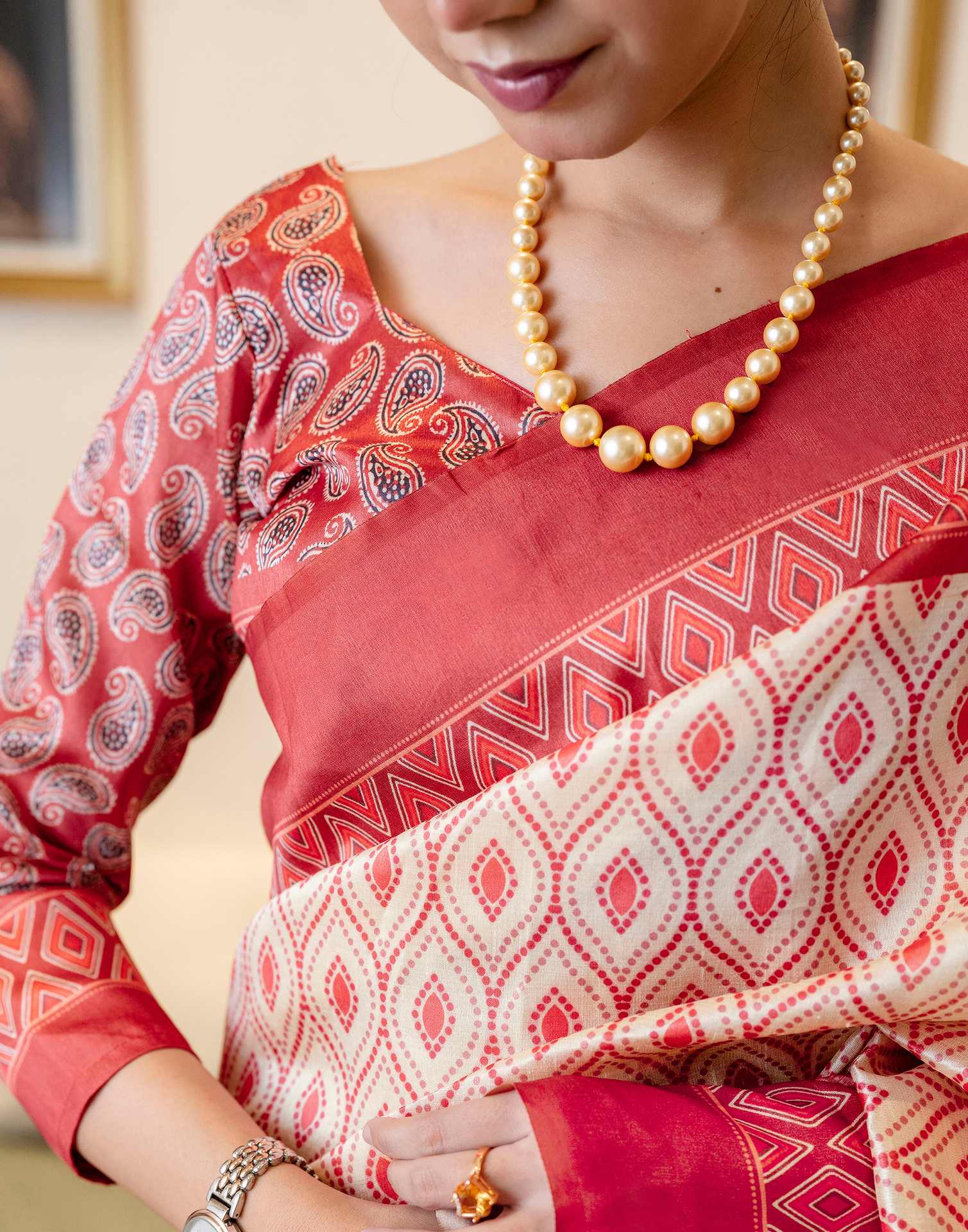 Ready To Wear Off White Silk Printed Saree