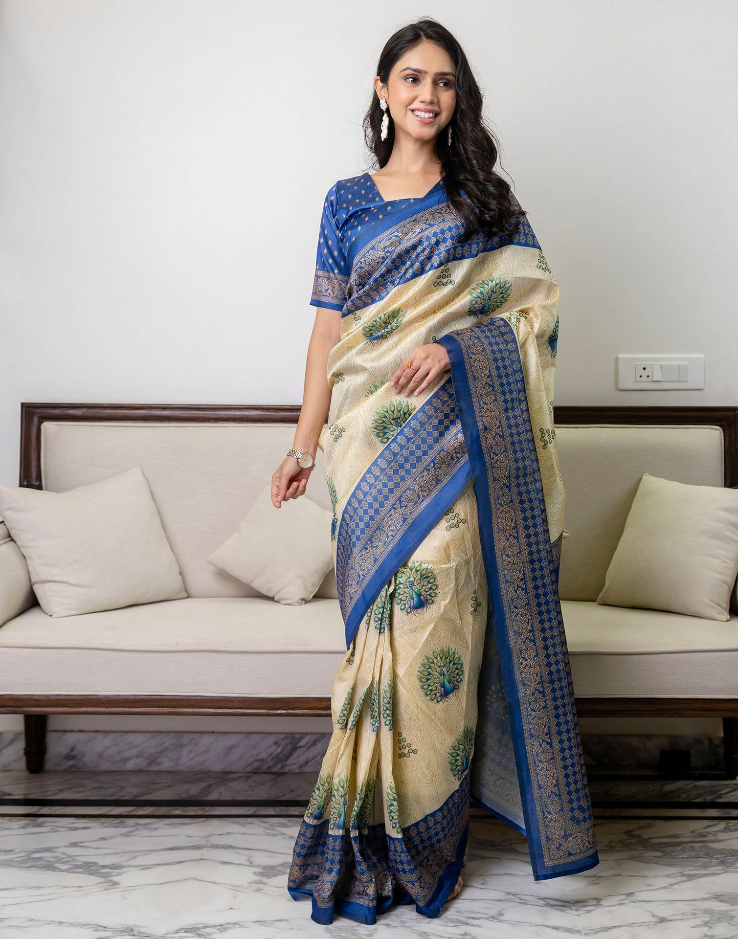 Ready To Wear Beige Silk Printed Saree