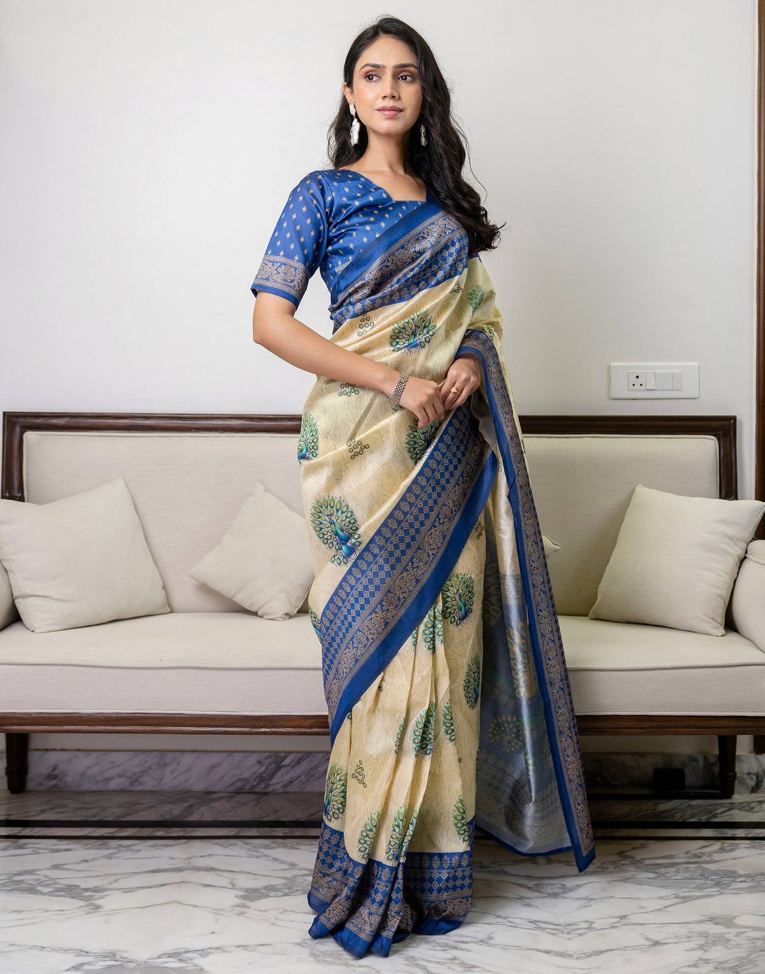 Ready To Wear Beige Silk Printed Saree