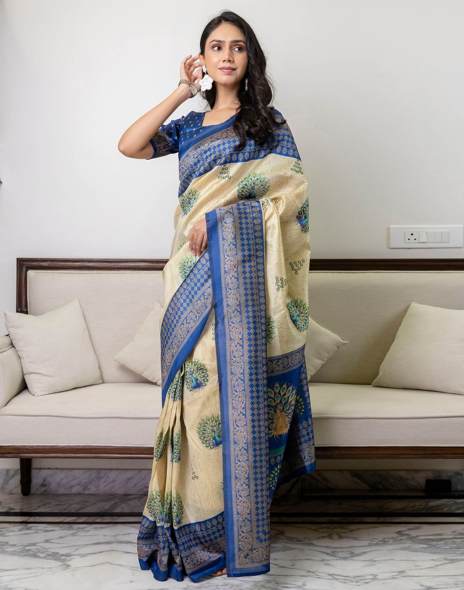 Ready To Wear Beige Silk Printed Saree