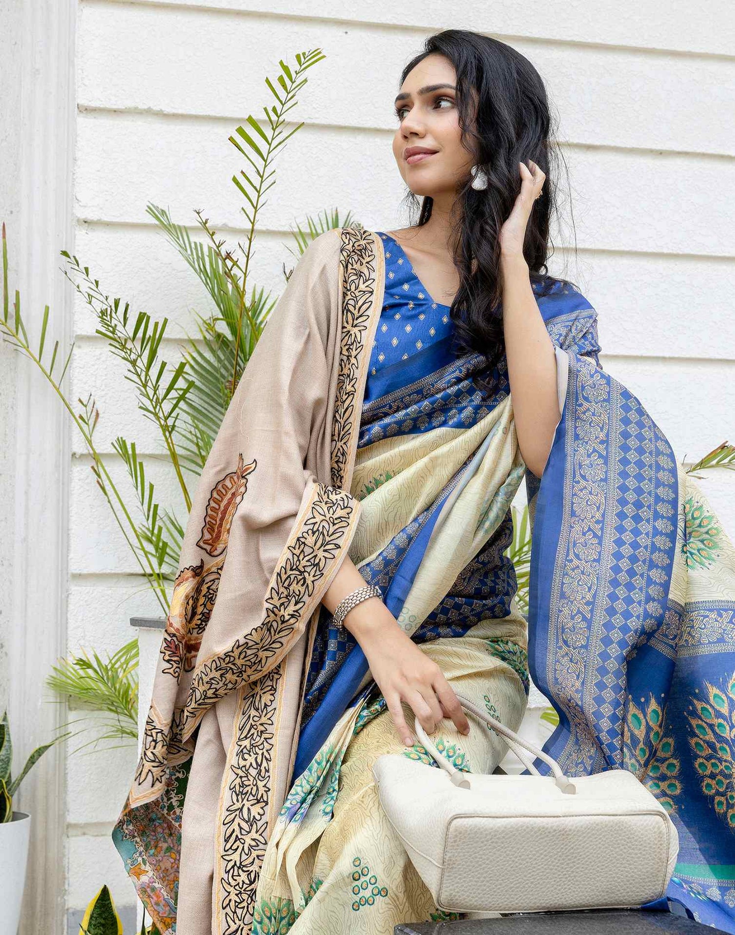 Ready To Wear Beige Silk Printed Saree