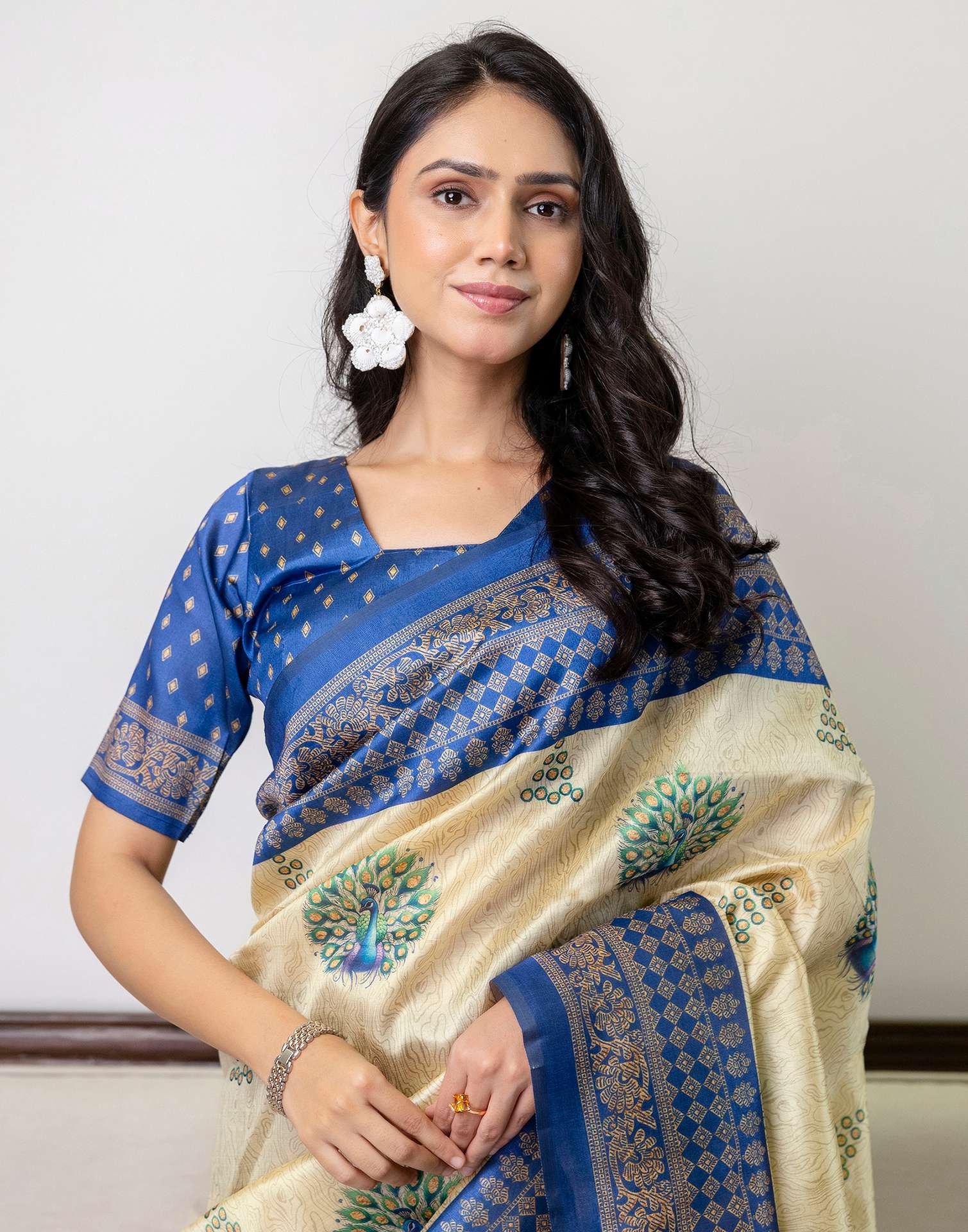 Ready To Wear Beige Silk Printed Saree