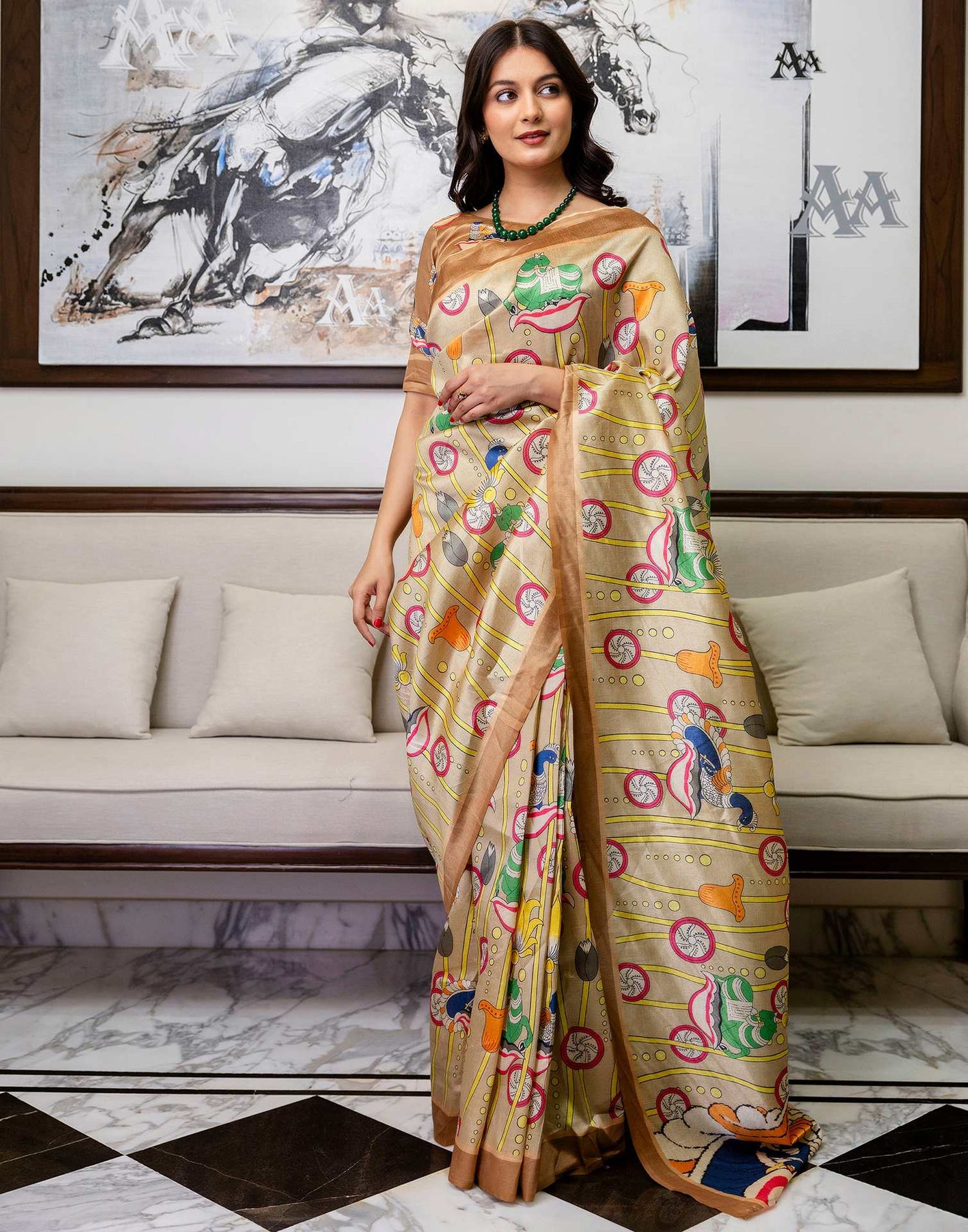 Ready To Wear Beige Silk Printed Saree