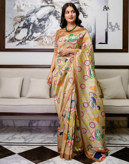 Ready To Wear Beige Silk Printed Saree