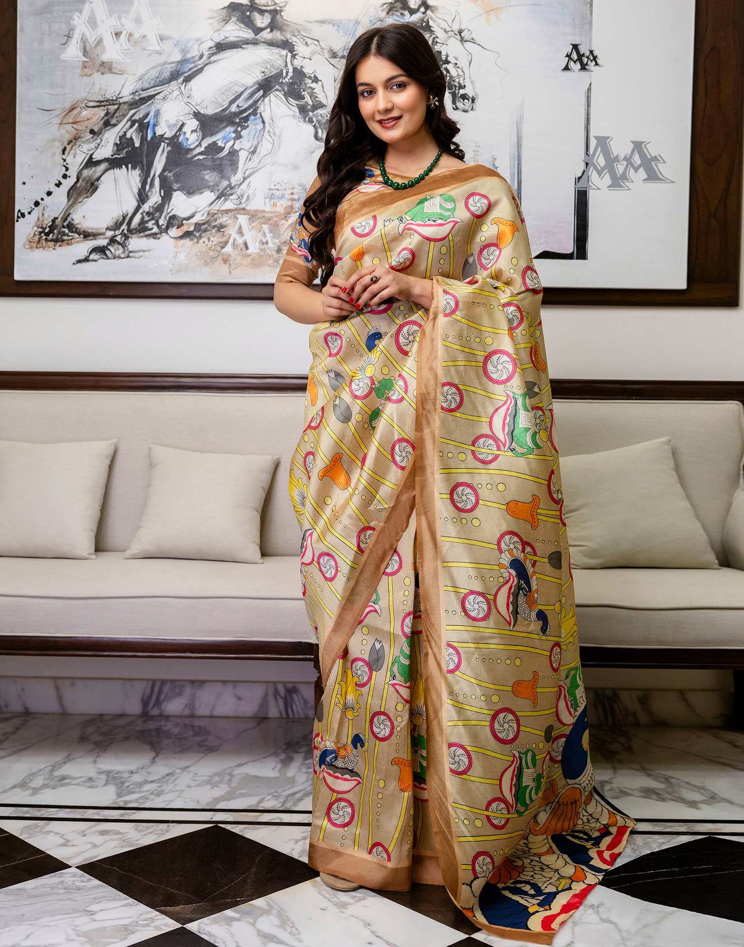 Ready To Wear Beige Silk Printed Saree