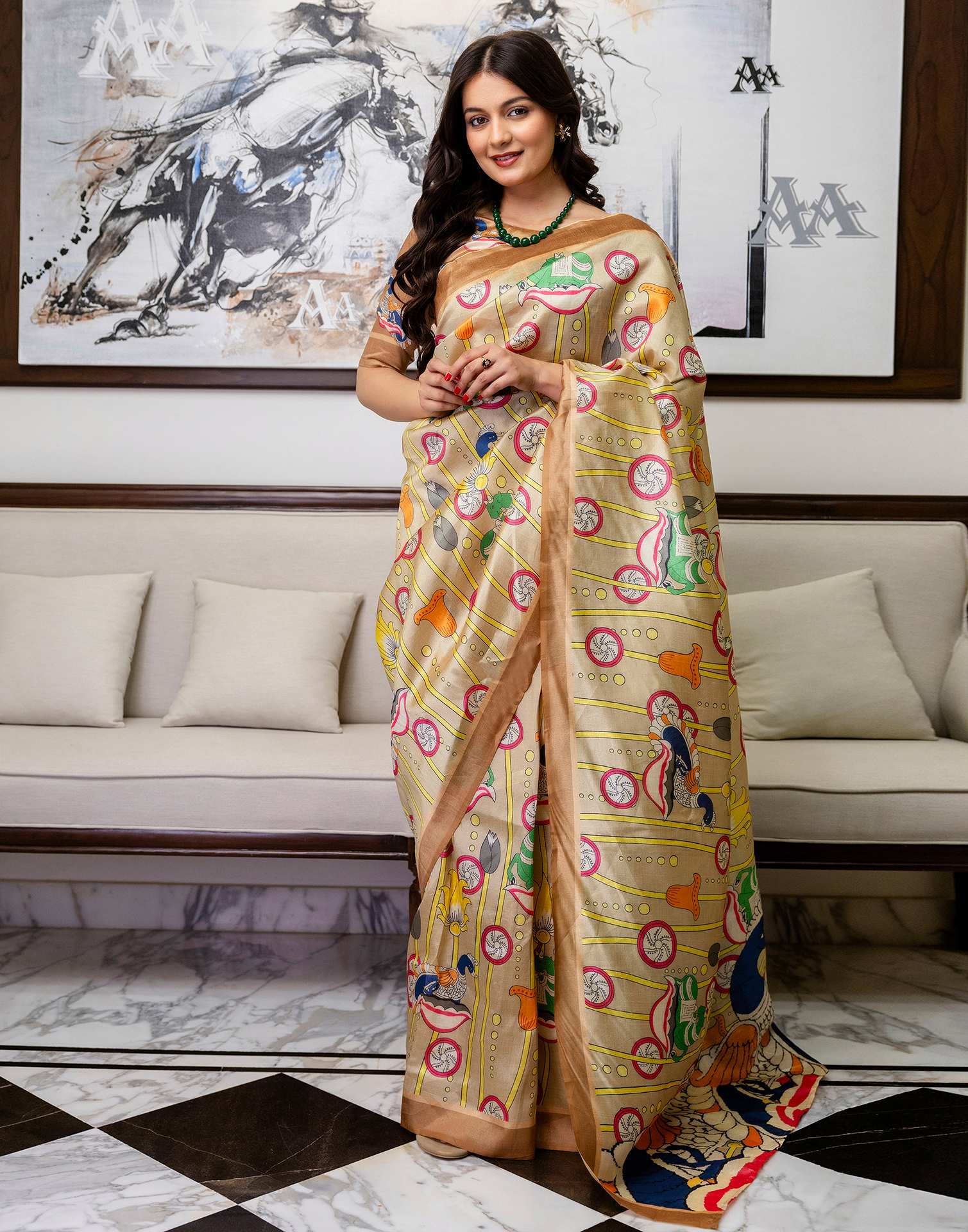 Ready To Wear Beige Silk Printed Saree