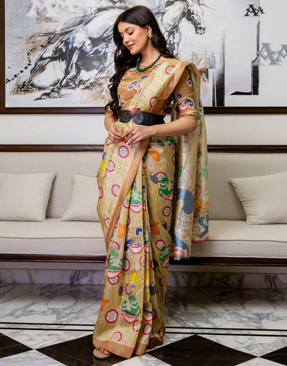 Ready To Wear Beige Silk Printed Saree