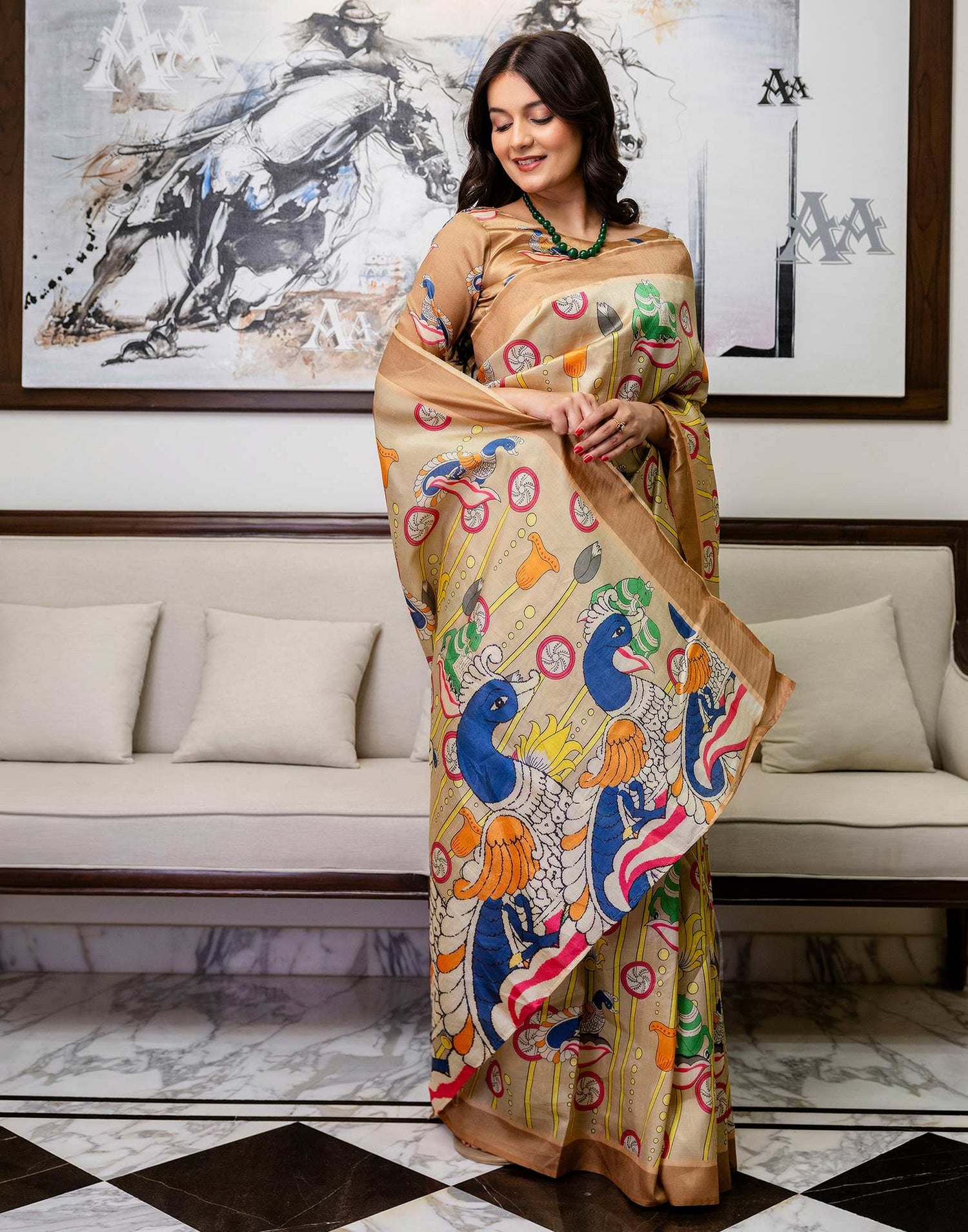 Ready To Wear Beige Silk Printed Saree