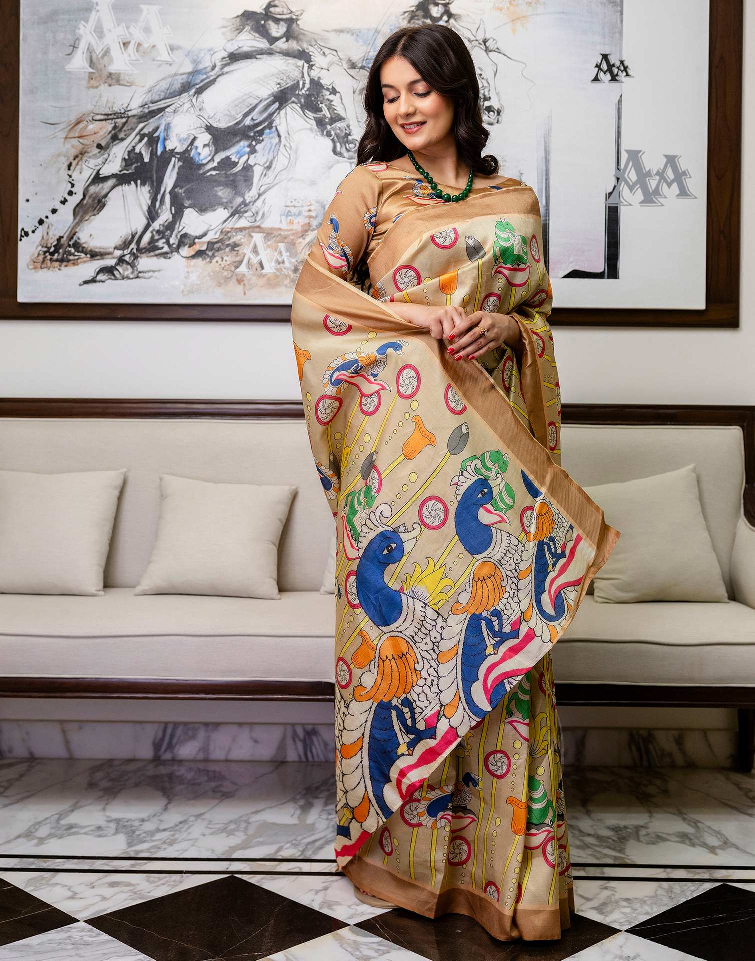 Ready To Wear Beige Silk Printed Saree