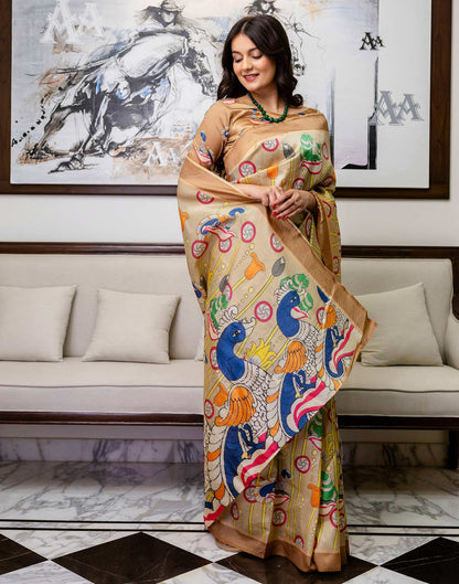 Ready To Wear Beige Silk Printed Saree