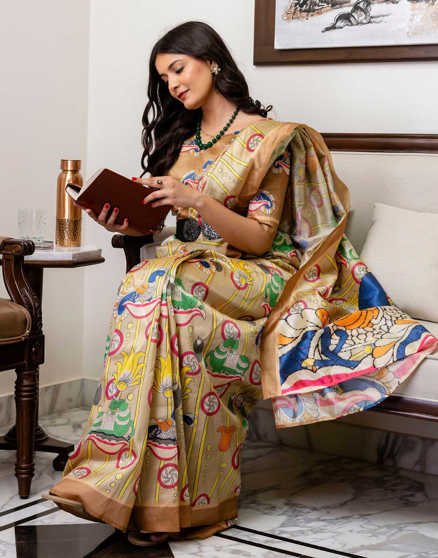 Ready To Wear Beige Silk Printed Saree