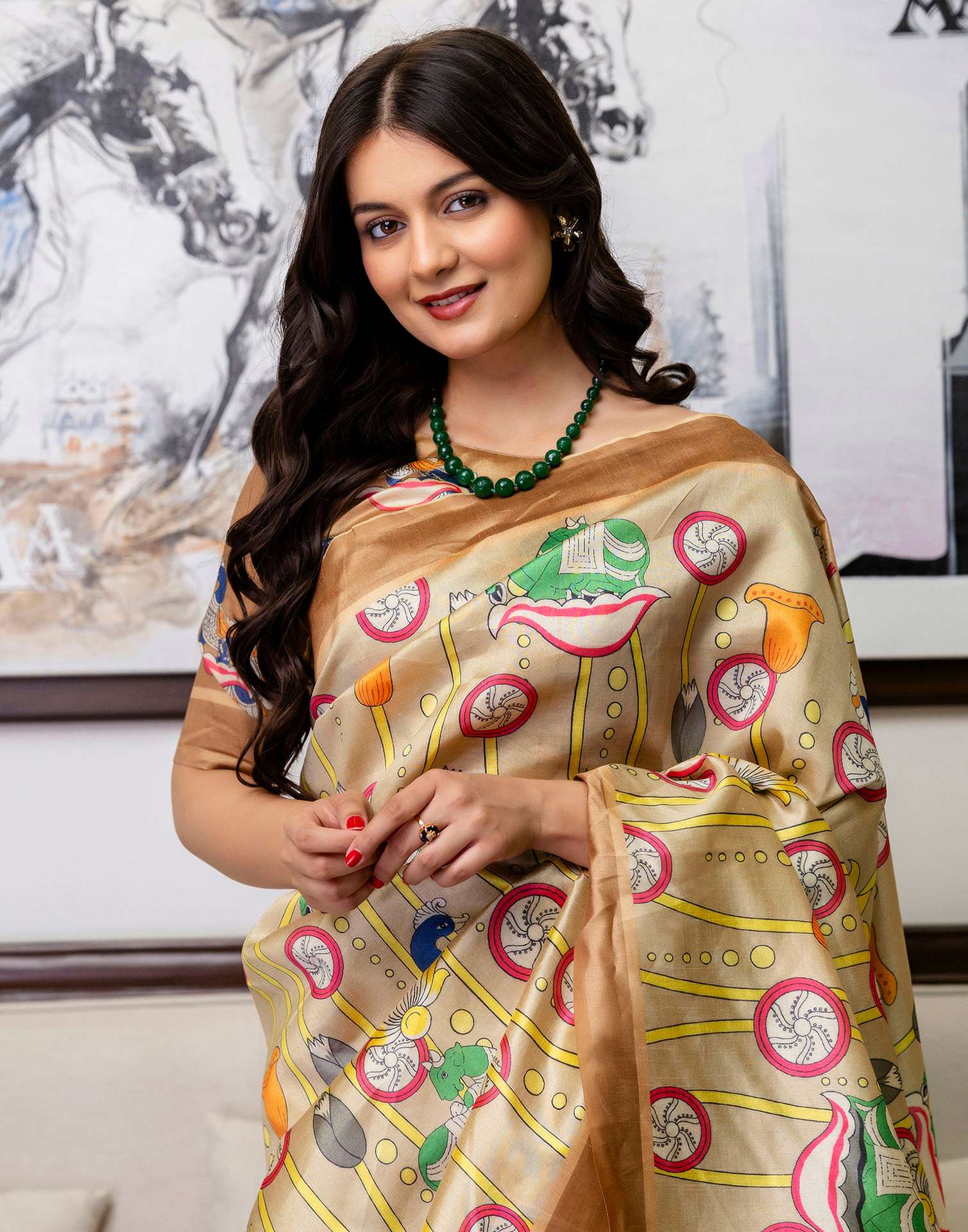 Ready To Wear Beige Silk Printed Saree