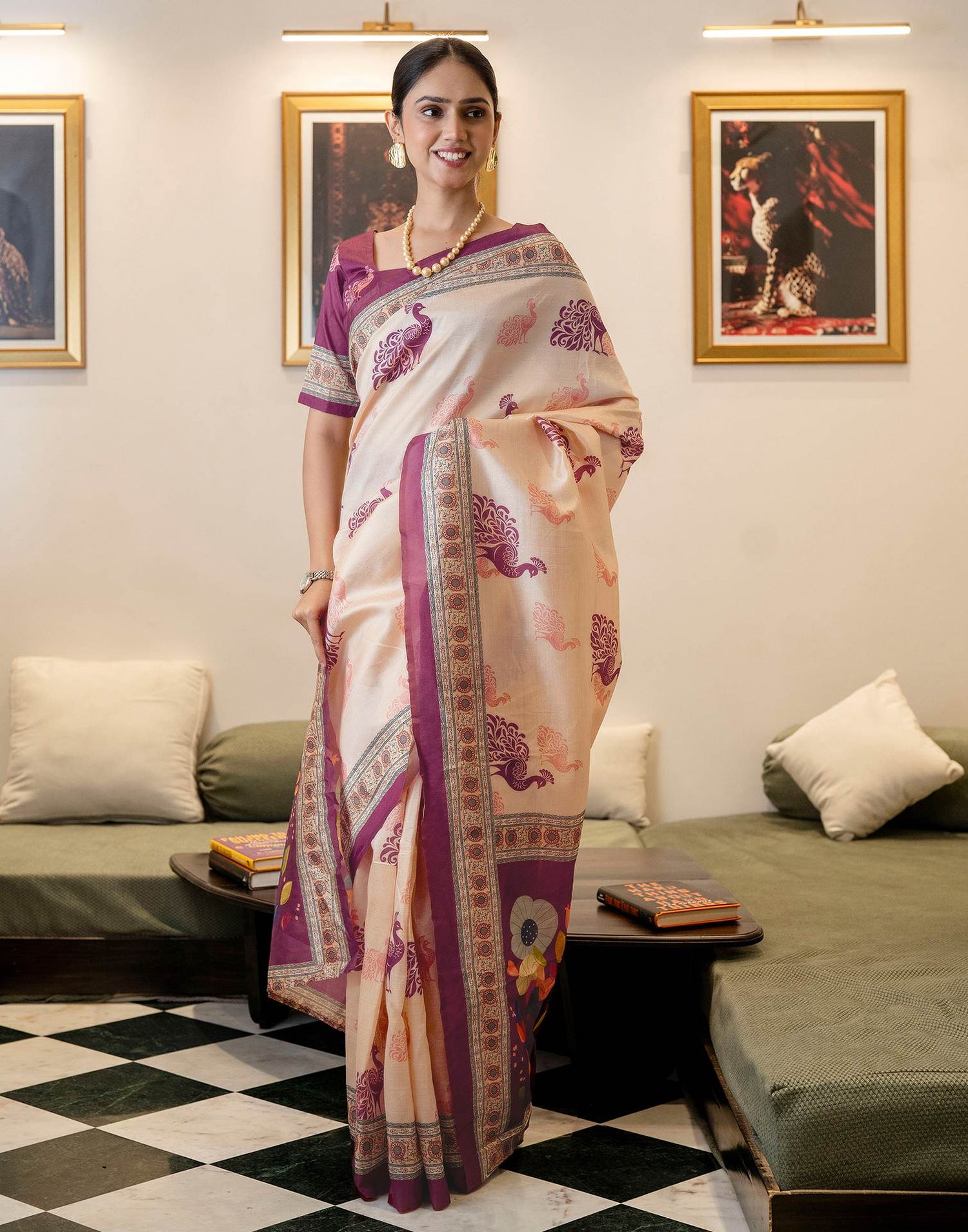 Ready To Wear Dark Beige Silk Printed Saree