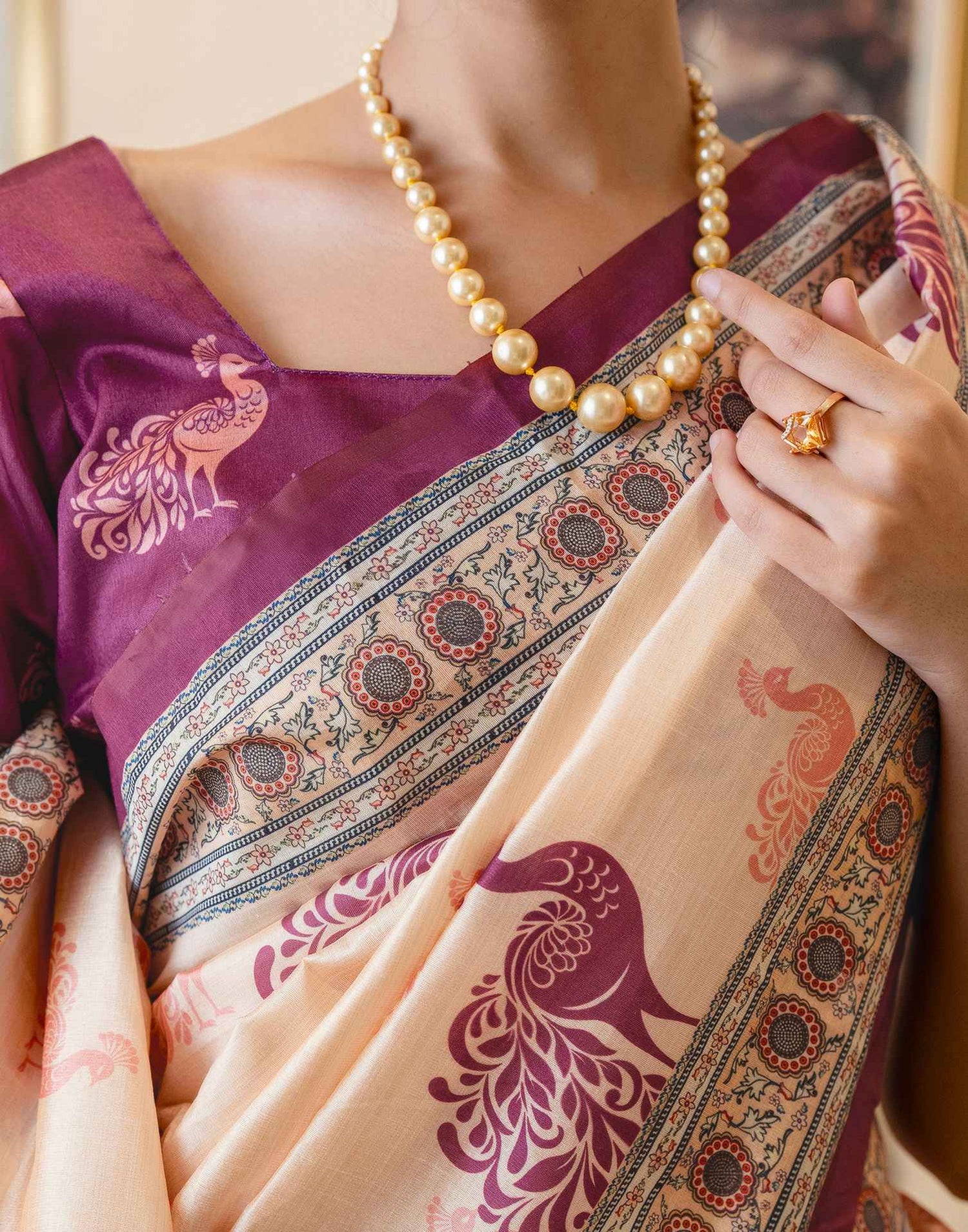 Ready To Wear Dark Beige Silk Printed Saree