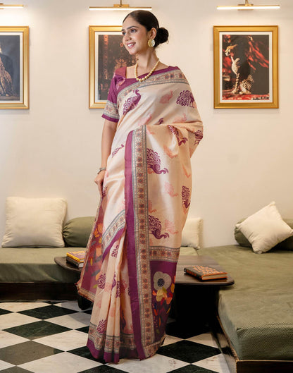 Ready To Wear Dark Beige Silk Printed Saree