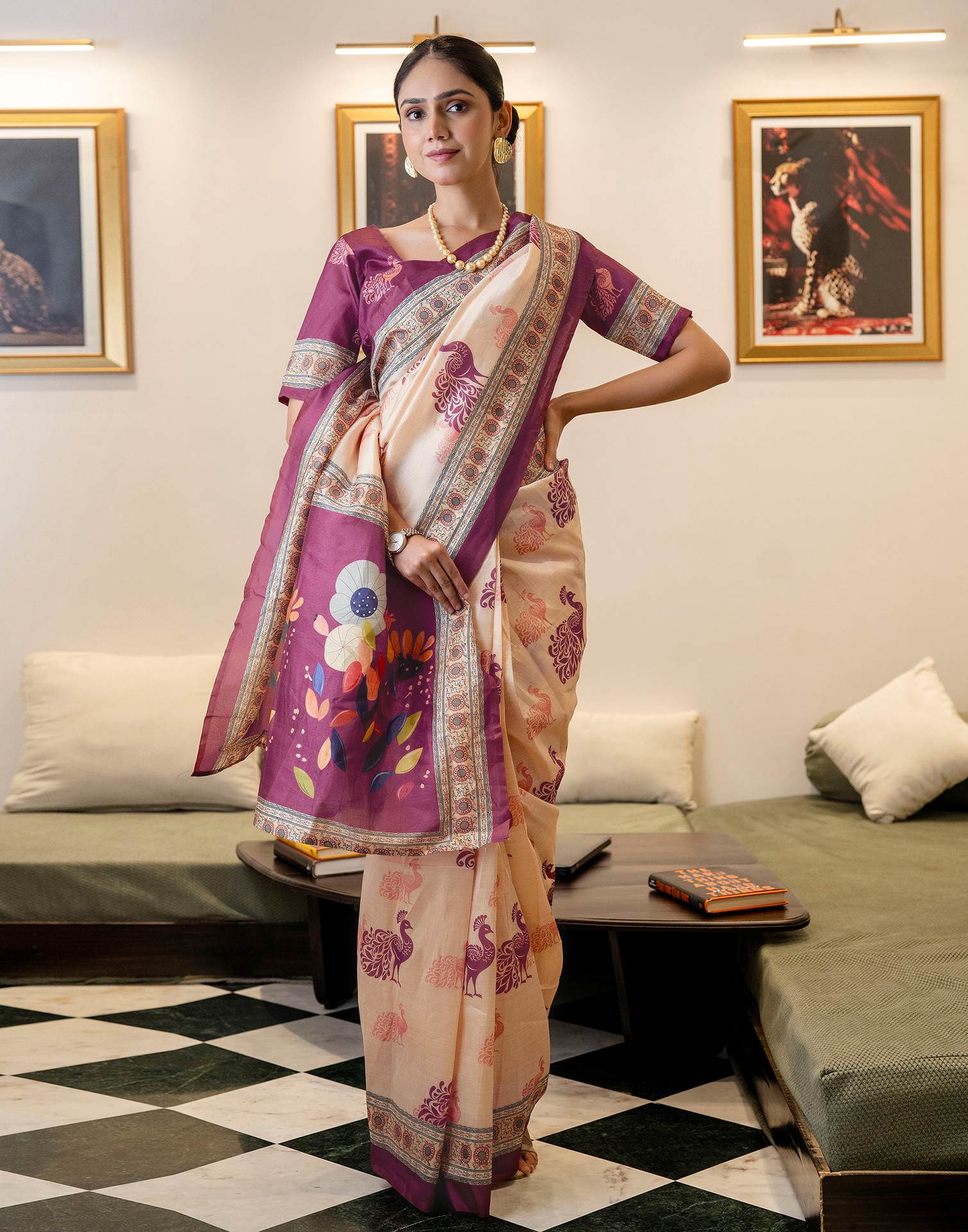 Ready To Wear Dark Beige Silk Printed Saree