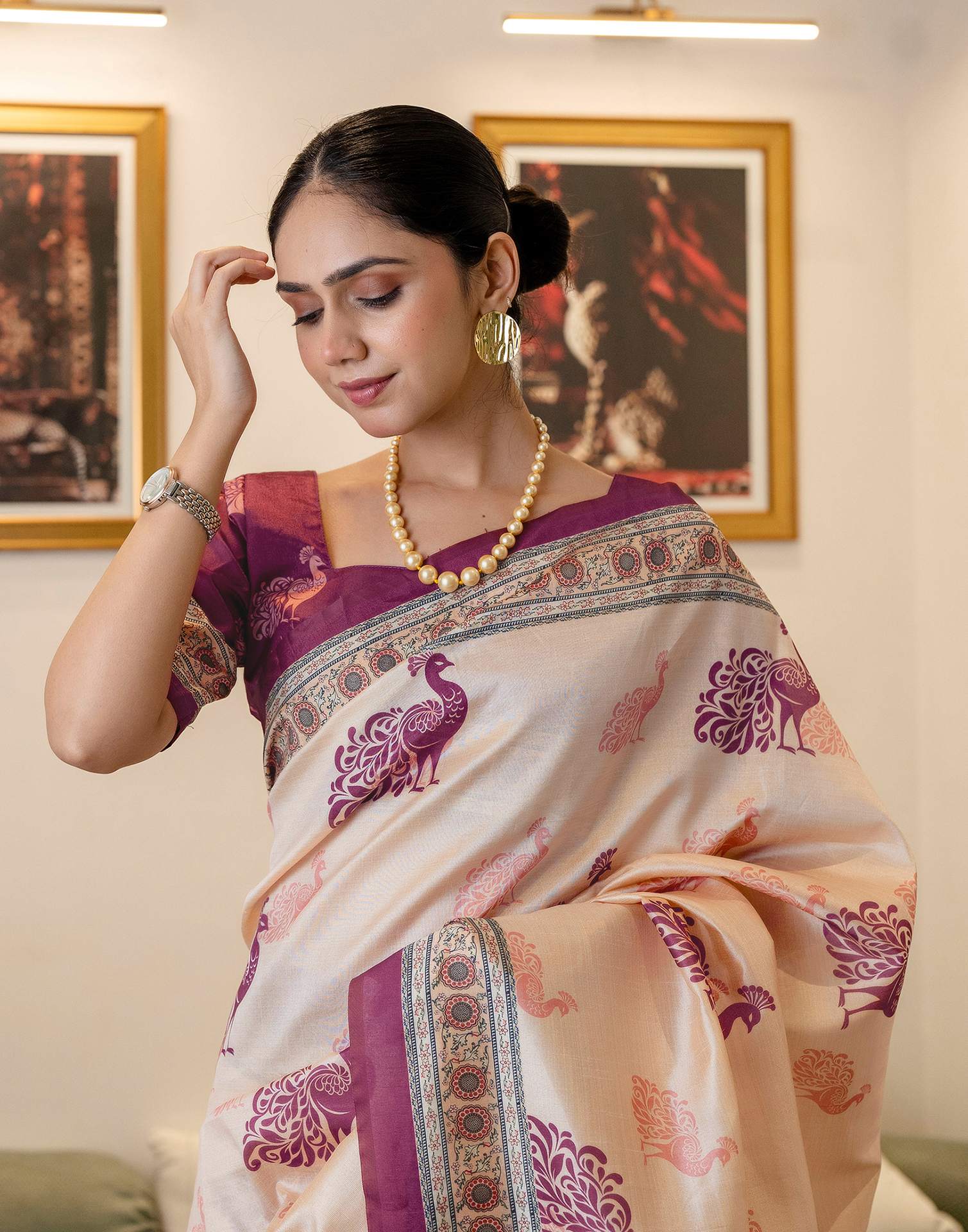 Ready To Wear Dark Beige Silk Printed Saree