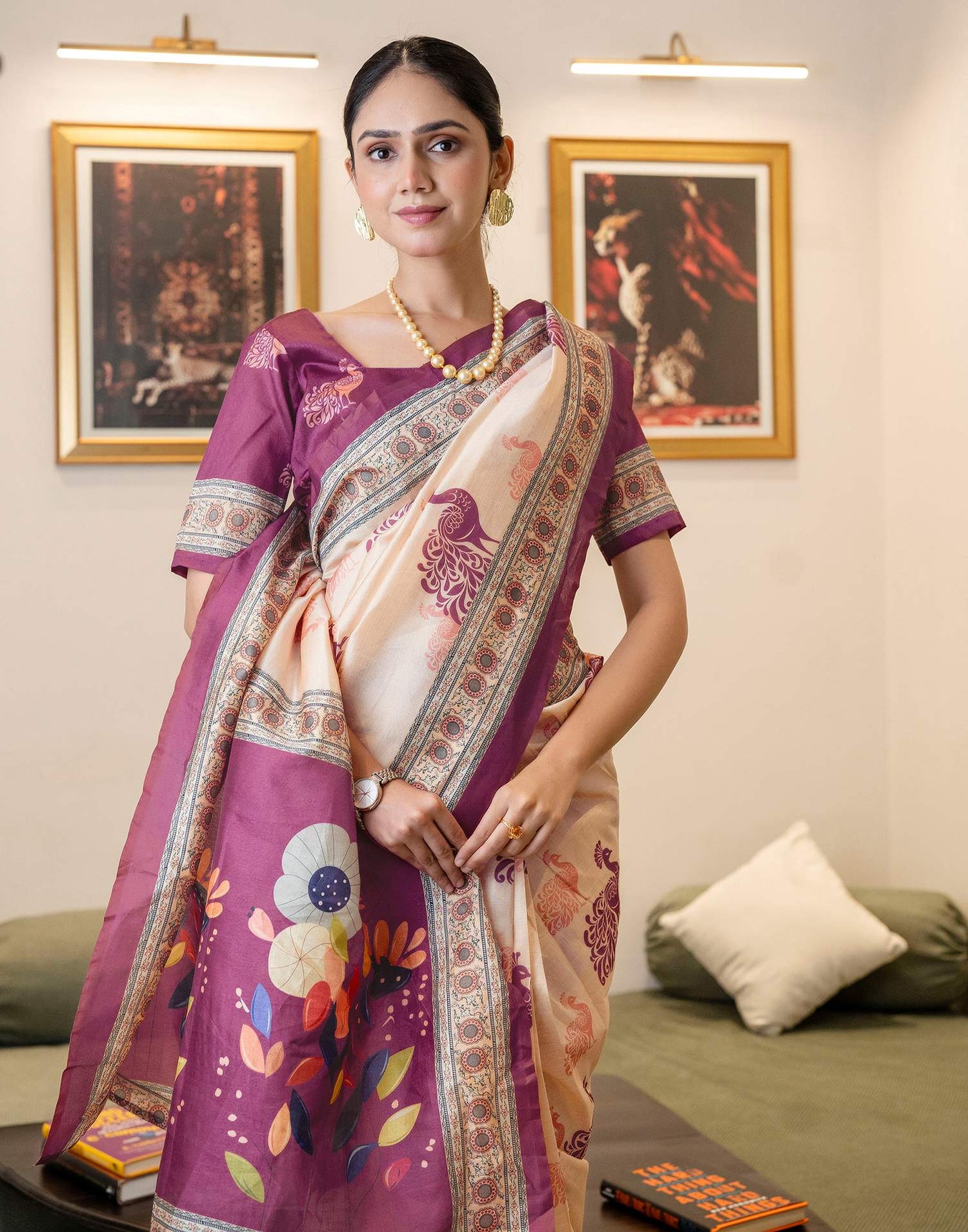 Ready To Wear Dark Beige Silk Printed Saree