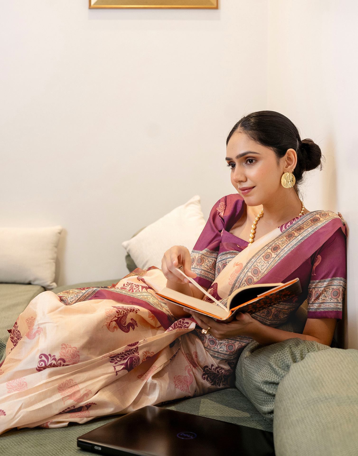 Ready To Wear Dark Beige Silk Printed Saree