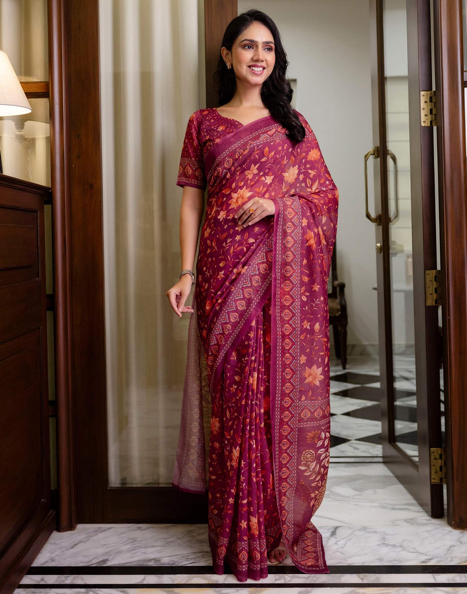 Ready To Wear Dusty Wine Linen Printed Saree