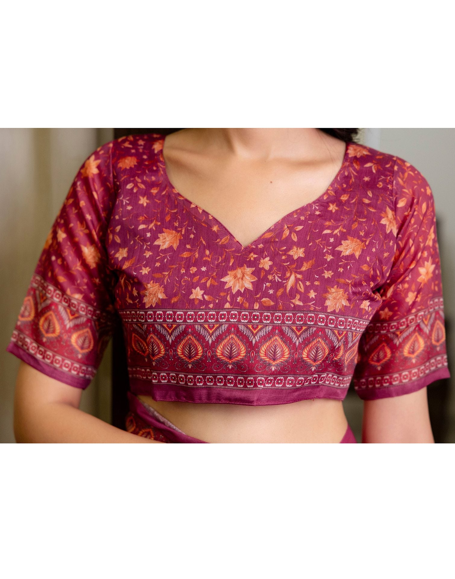 Ready To Wear Dusty Wine Linen Printed Saree