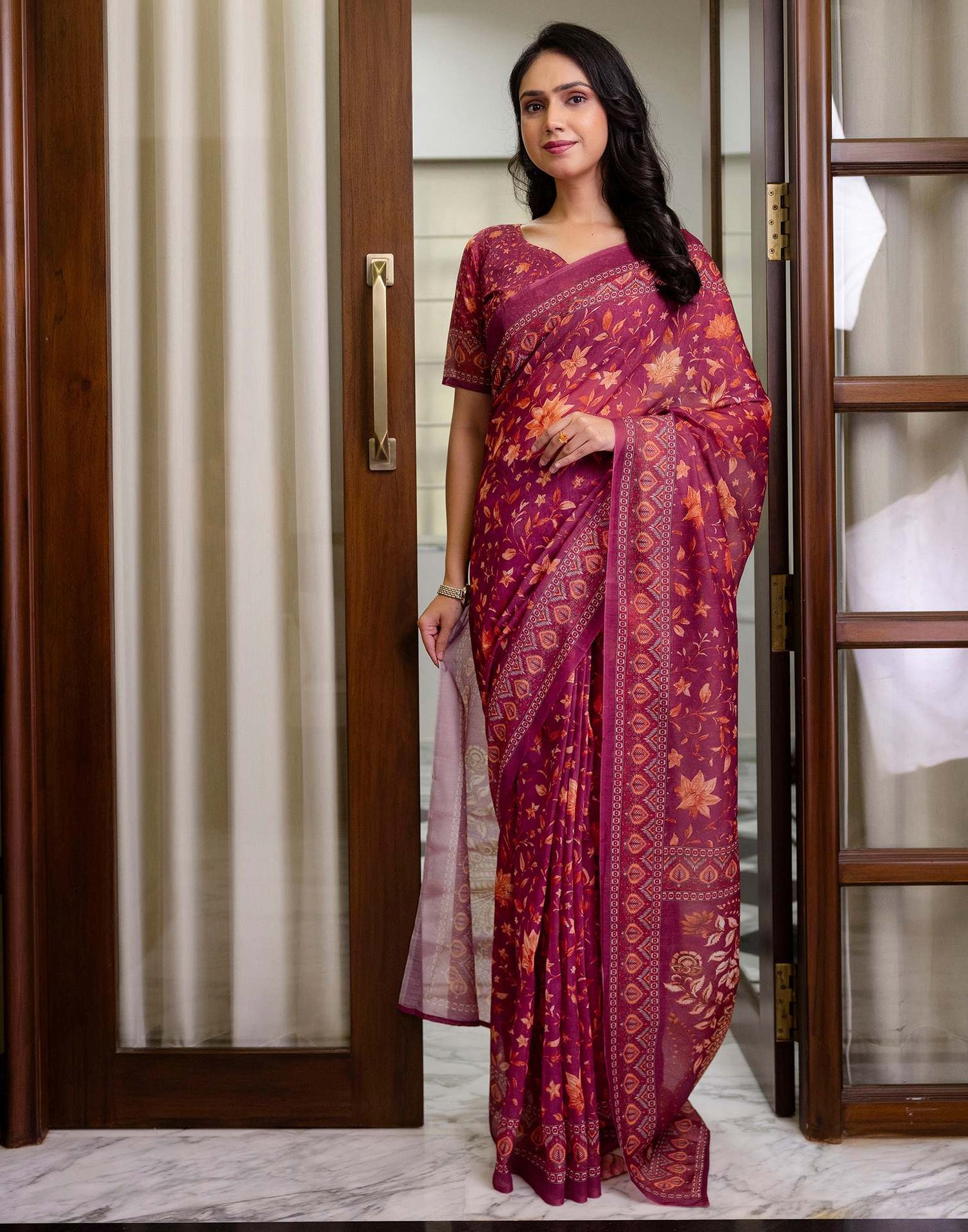 Ready To Wear Dusty Wine Linen Printed Saree