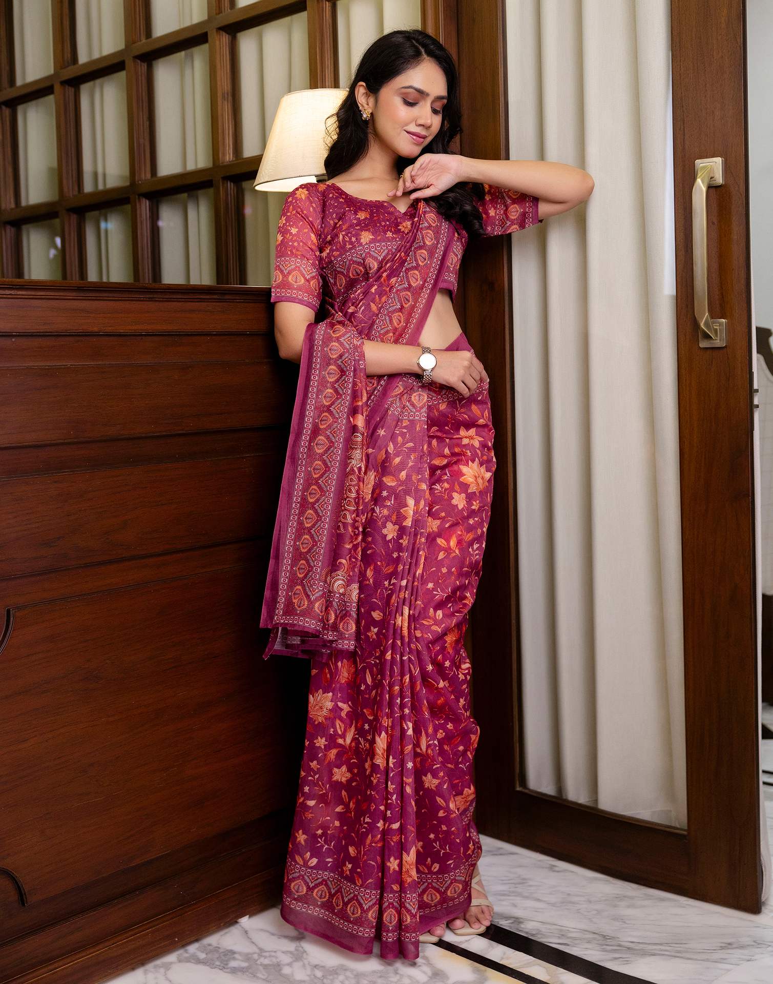 Ready To Wear Dusty Wine Linen Printed Saree