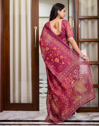 Ready To Wear Dusty Wine Linen Printed Saree