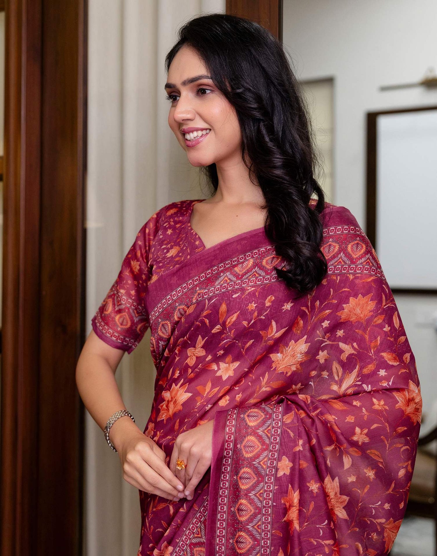 Ready To Wear Dusty Wine Linen Printed Saree