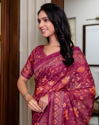 Ready To Wear Dusty Wine Linen Printed Saree