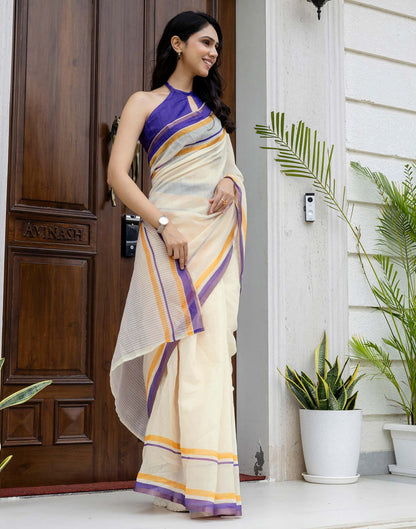 Ready To Wear Off White Linen Printed Saree