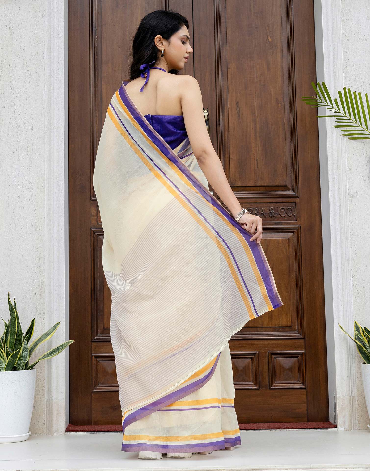 Ready To Wear Off White Linen Printed Saree