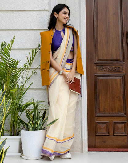 Ready To Wear Off White Linen Printed Saree