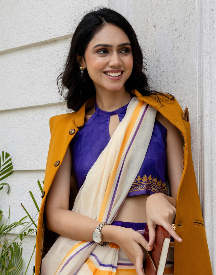 Ready To Wear Off White Linen Printed Saree